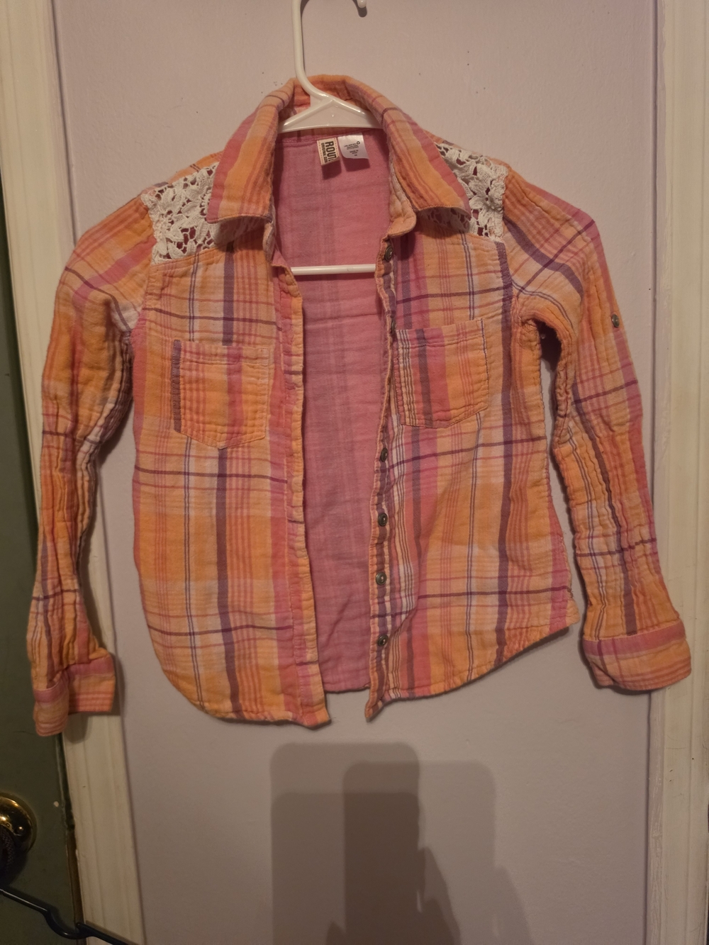 Route 66 Girls Plaid Button-Down Shirt in Pink & Orange with Lace Accents